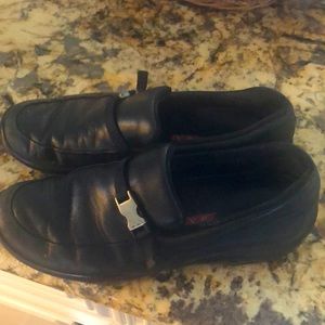 Prada black leather logo slip on loafers